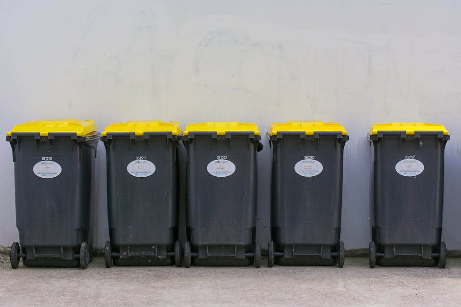 Five large wheeled rubbish bins with black bodies and yellow lids are lined up side by side against a plain, light-colored wall, positioned on a concrete ground. Each bin has a white oval label with b